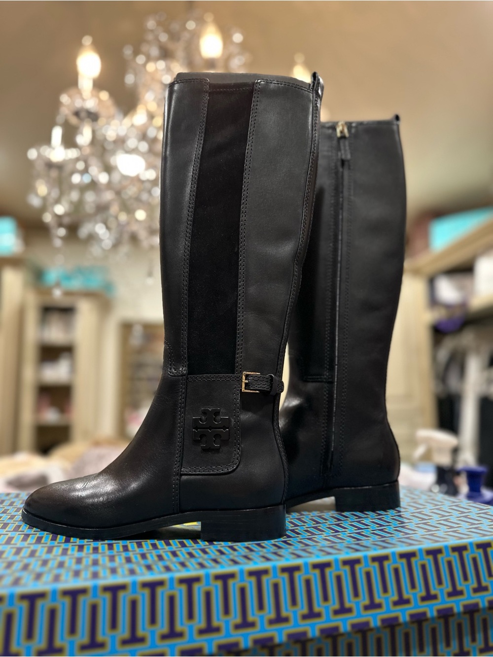 Tory Burch Black Leather & Suede Over-the-Knee Riding Boots